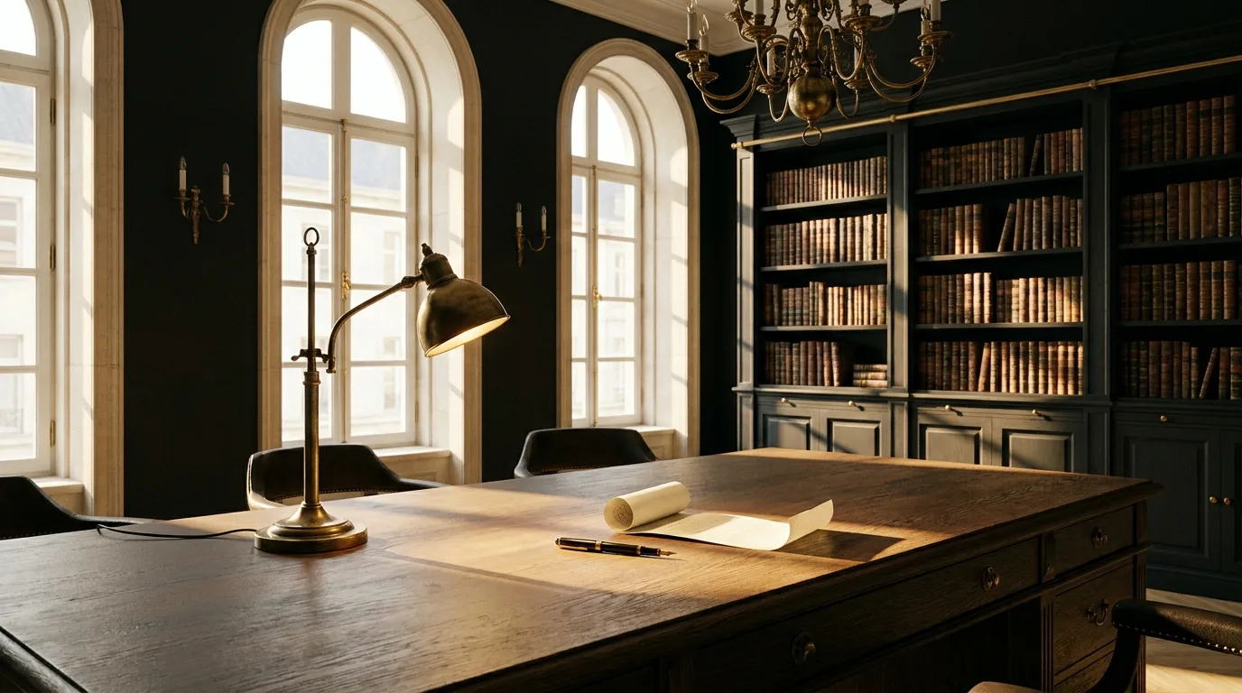 Bureau de l’office notarial : murs anthracite, pierre de Caen, bibliothèque de codes juridiques