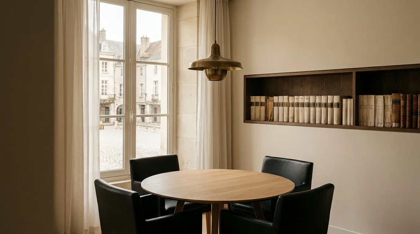 Salle de rendez-vous de l’étude, table ronde en chêne et fenêtre sur la place