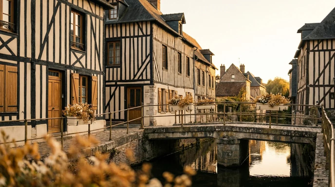 Pont-Audemer : maisons à colombages le long du canal