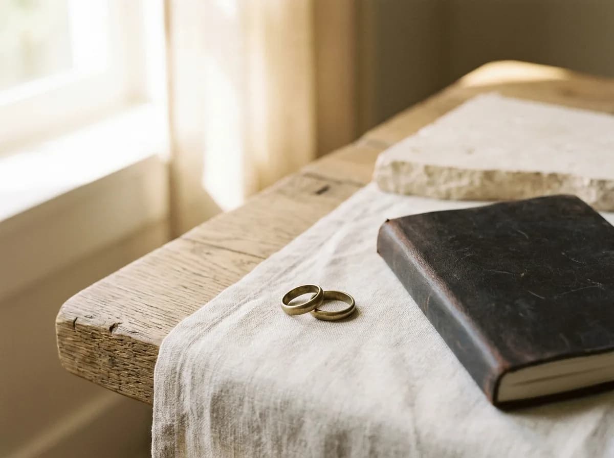 Deux alliances d’or posées sur un linge de lin, à côté de livrets reliés de cuir bleu, près d’une fenêtre