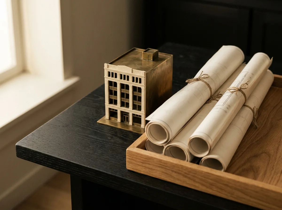 Rouleaux de plans sanglés de cuir et maquette d’immeuble en laiton, posés sur un plan de travail anthracite