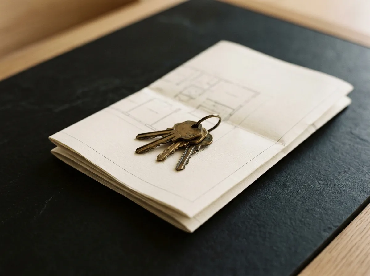 Plan d’architecte déroulé sur une étoffe anthracite, trousseau de clés en laiton posé dessus