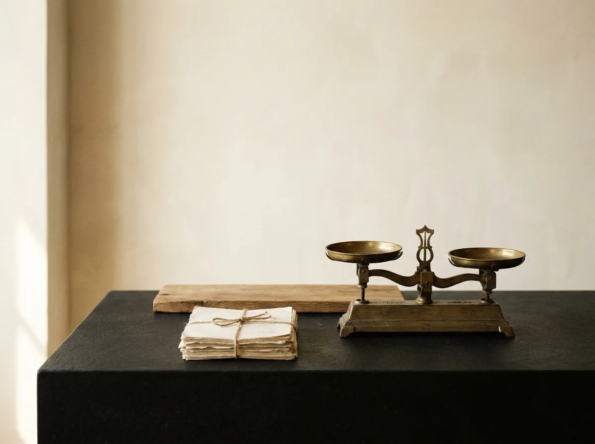 Petite balance de laiton et liasse de documents anciens noués d’un ruban, sur un bureau tendu de feutre anthracite