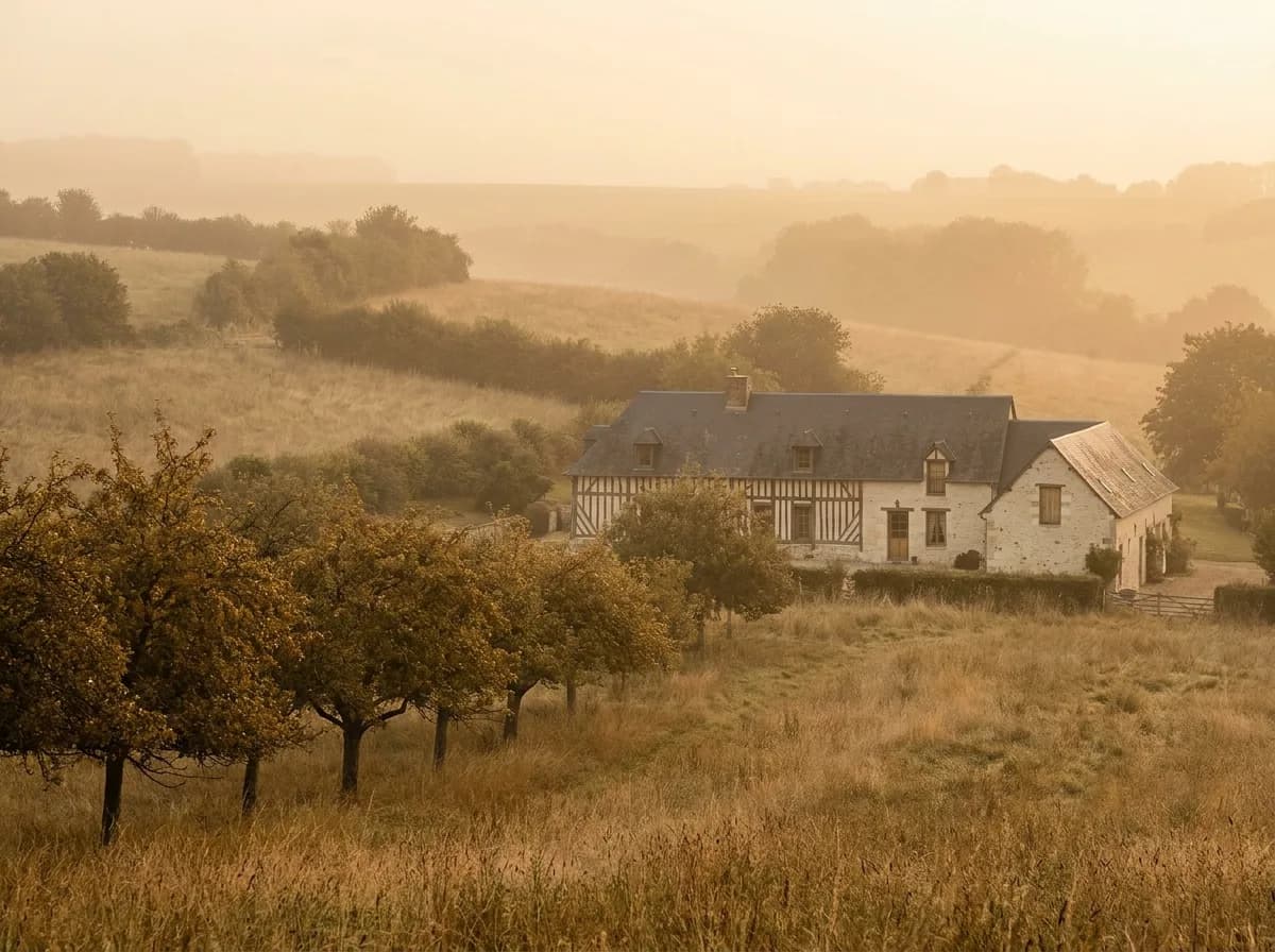 Campagne normande au petit matin : verger, haies bocagères et corps de ferme en pierre, borne gravée d’une gerbe de blé au premier plan