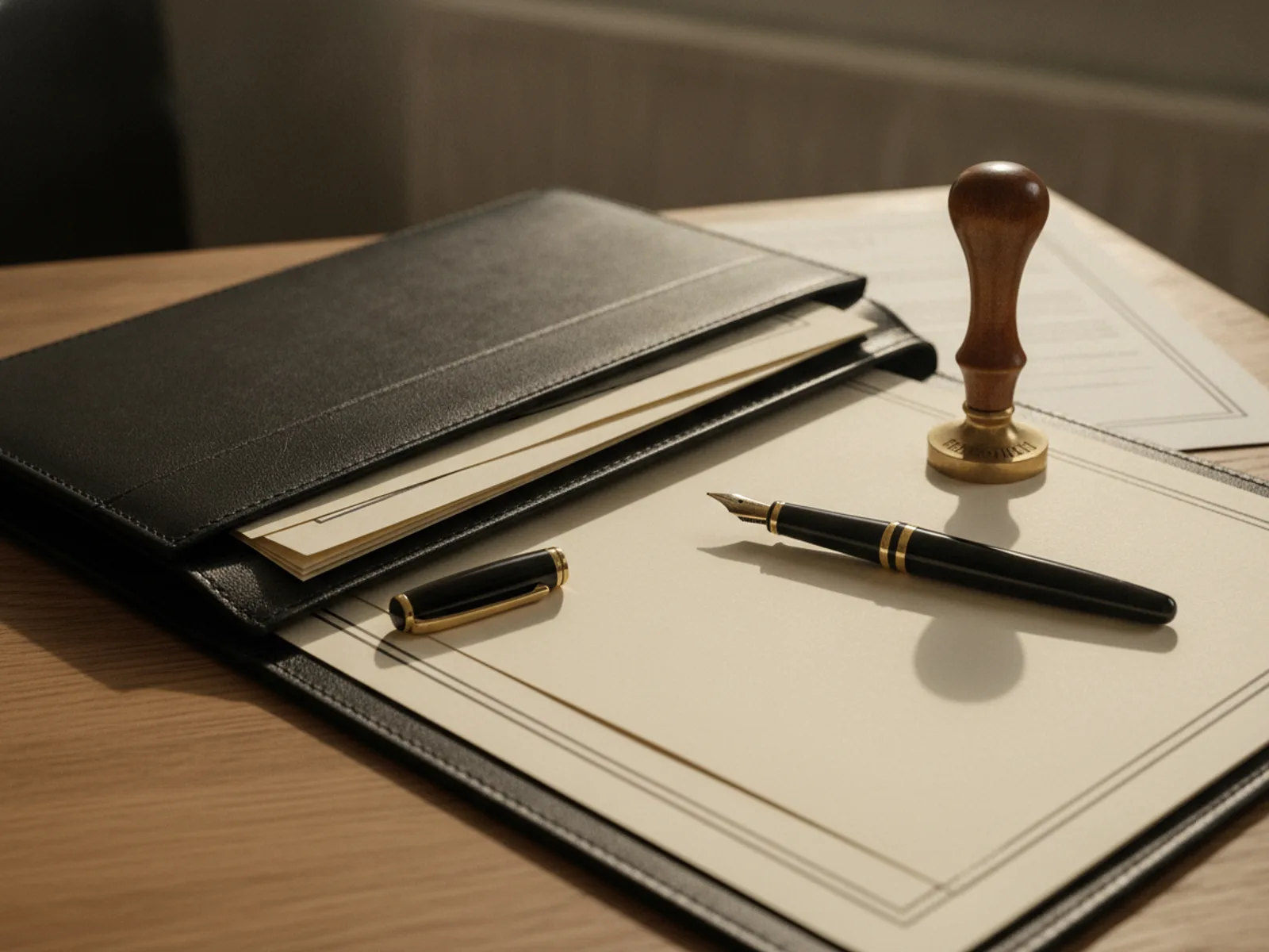 Parapheur de signature, stylo plume et sceau de laiton sur le bureau de l’étude